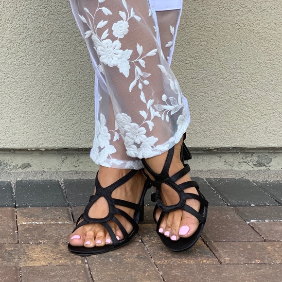 Satin Black Strappy Kitten Heel Dress Sandals - Picture 4 of 5